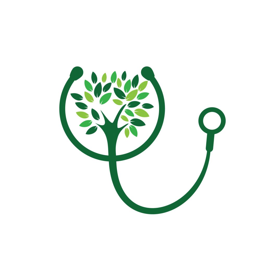 graphical representation of a plant doctor tying together a tree and stethoscope